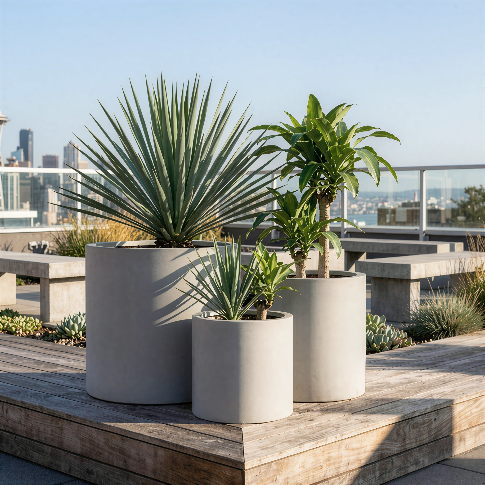 RC-1005 cylindrical GFRC planters arranged in graduated sizes on a modern rooftop terrace